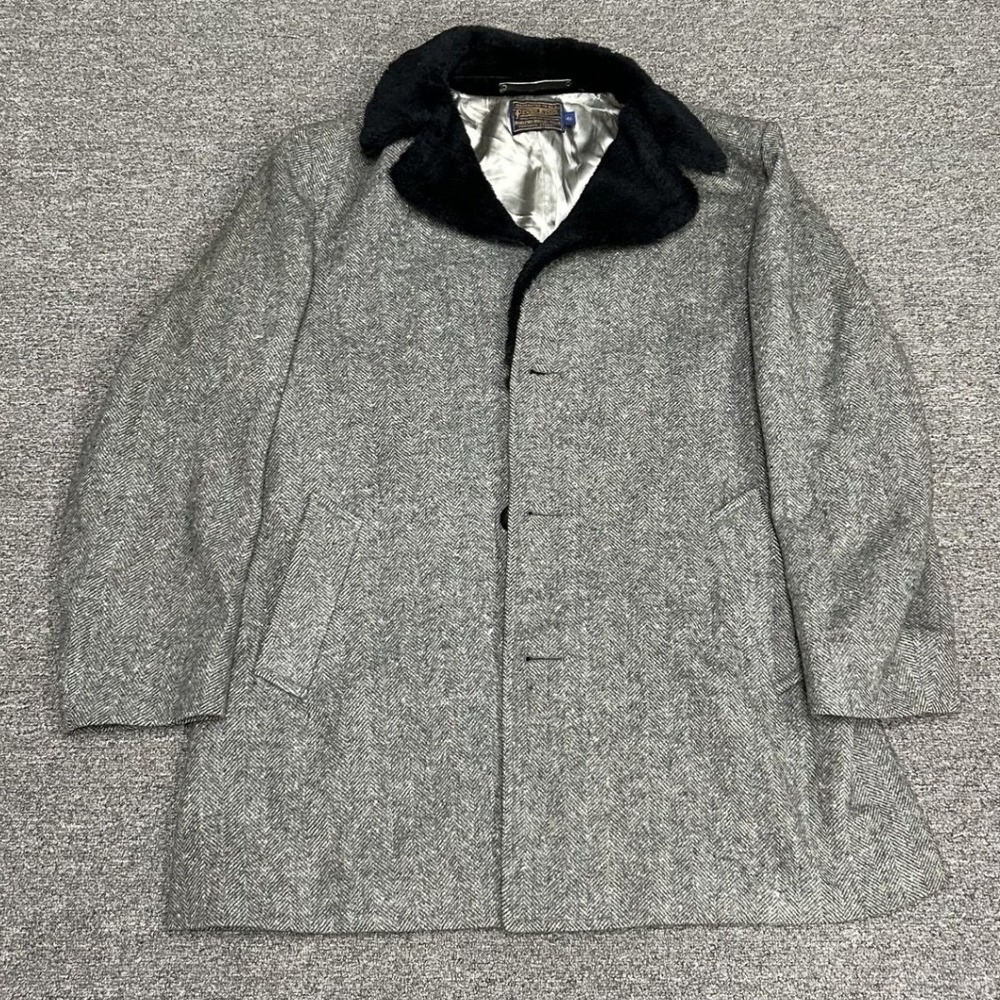 Pendleton Wool Car Coat Mens 46 Grey Herringbone Faux Fur Collar Vintage